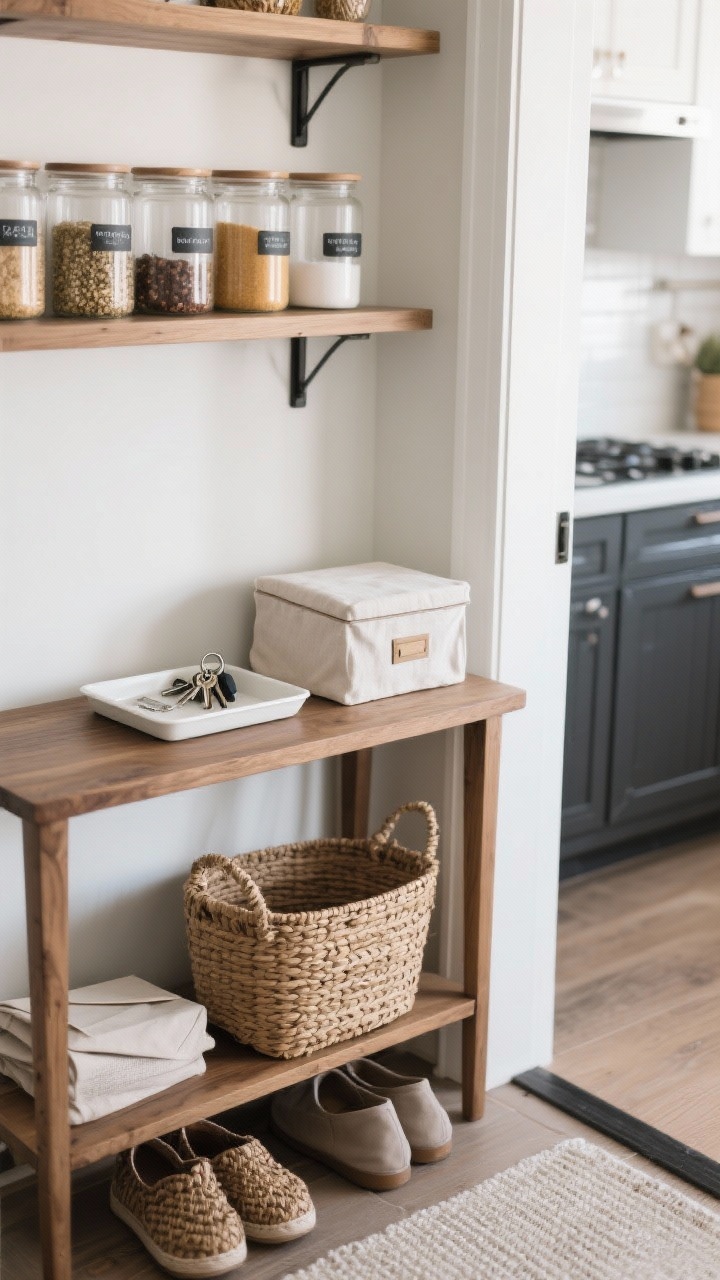 Overhead detail: An entry console styled with a shallow tray corralling keys, a lidded linen box for mail, and a woven basket beneath for shoes. In the background, kitchen shelves show glass canisters with labeled pantry staples. Limited color palette—oak, white, charcoal, and natural fiber textures. Crisp, diffuse daylight, photorealistic clarity of woven and linen textures.
