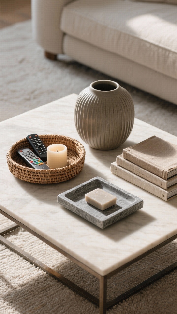 Overhead detail of a coffee table vignette styled with tactile accessories: a matte ridged ceramic vase, a woven basket tray holding remotes and a small candle, a cool-to-the-touch soapstone tray, and a short stack of books with linen or cloth covers; items grouped in varied materials—ceramic, wood, and metal—for balance; natural side lighting highlighting surfaces.