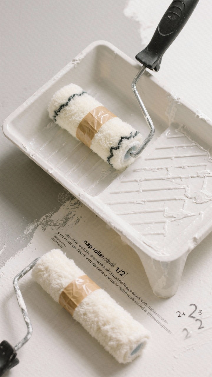 Overhead detail shot: a painter’s tray with disposable liner holding a roller correctly loaded (not dripping), a 3/8" nap roller cover de-linted with a strip of painter’s tape stuck to it, and a second 1/2" nap cover labeled for textured walls. Nearby, a 2–