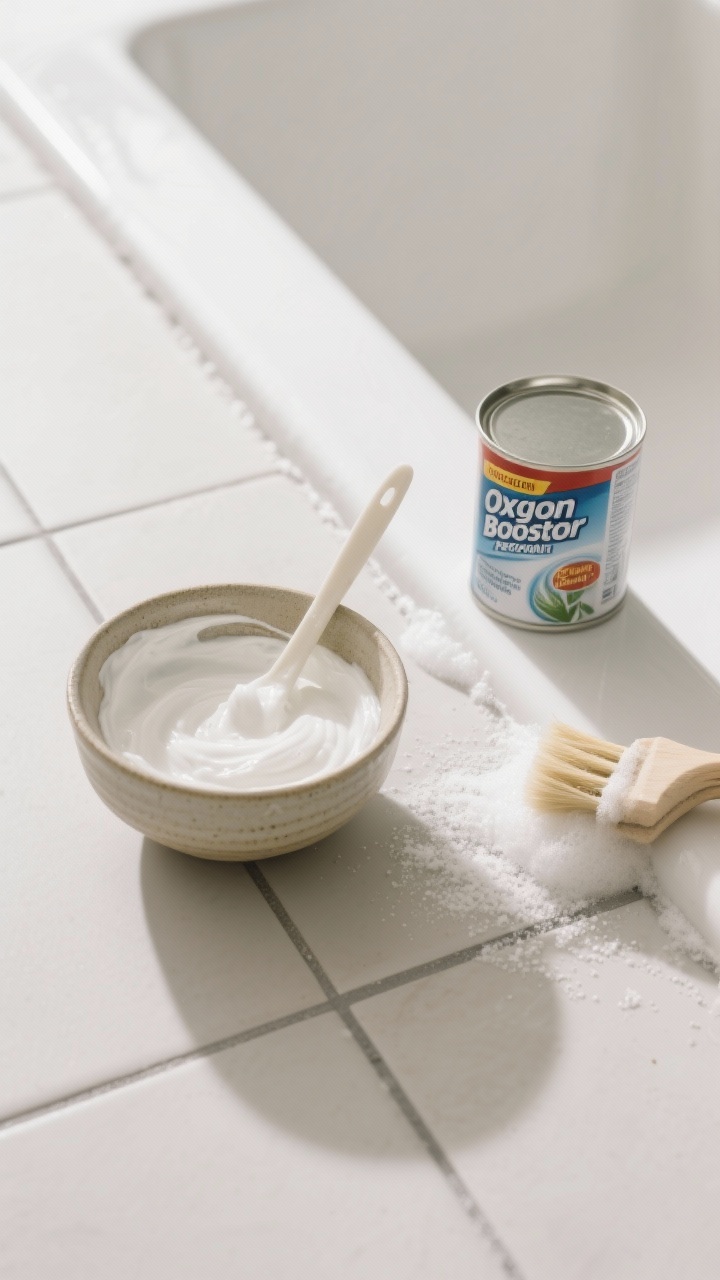 Overhead detail shot: a small ceramic bowl with a creamy baking soda paste being mixed, a tin of oxygen booster (sodium percarbonate) nearby, sprinkled along a short grout line section; a soft-bristle brush rests beside; subtle foam indicating action; neutral tile with light gray grout; bright, indirect light; magic eraser absent to avoid over-abrasion.