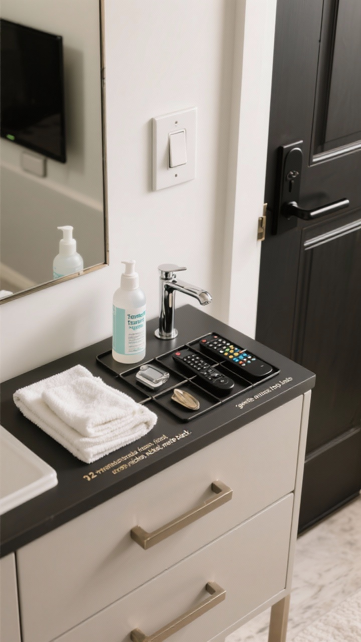 Overhead detail shot: A two-minute touchpoint loop setup on an entry console—array of disinfecting-safe, mild cleaner and damp microfiber cloth laid out beside a tidy grid of common high-touch items. Include matte black door handle on a nearby door edge, brushed nickel cabinet pulls on a console, a minimalist light switch plate, a TV remote, and a chrome faucet handle visible in the adjacent sightline. Gentle, even lighting keeps finishes true, with labels emphasizing “gentle on brass, nickel, matte black.” The mood suggests quick daily polish and elevated style.