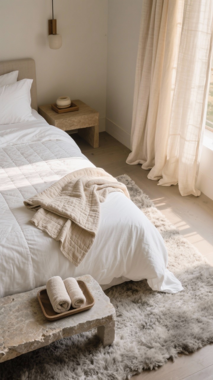 Overhead detail shot: high-touch softness—bed corner with washed linen bedding in warm white, a folded quilt in oatmeal at the foot, and floor-length linen curtains pooling slightly, filtering warm morning light. On the adjacent floor, a dense, soft wool rug in greige; on a nearby stone tray, plush towels hint at spa-level comfort. Minimal accessories, tactile focus, cozy yet minimalist feel.