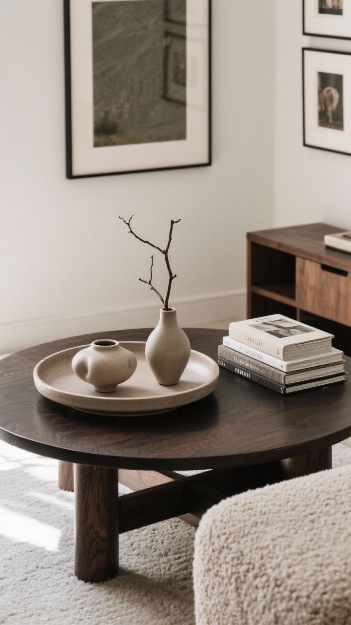 Overhead detail shot of a coffee table styled to reduce visual clutter: a round tray corralling a sculptural ceramic object, a small vase with a single branch, and a short stack of art books following the rule of three with varied heights and textures. Show that nearby surfaces are edited—one larger framed art piece on the wall instead of multiple small frames. Materials: matte ceramic, linen-bound books, dark-stained wood table, boucle ottoman nearby. Clean lines, natural daylight.