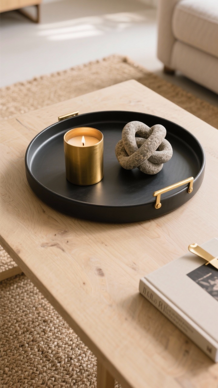 Overhead detail shot of a coffee table vignette styled with the Rule of Three: a low round tray in matte black, a warm brass candle, and an organic stone knot sculpture; repeated brass tone subtly echoed in a small bookmark edge on a book at the tray’s side; negative space left around the grouping on a light oak tabletop with a jute rug texture peeking at the edge; soft natural light, balanced heights and shapes.