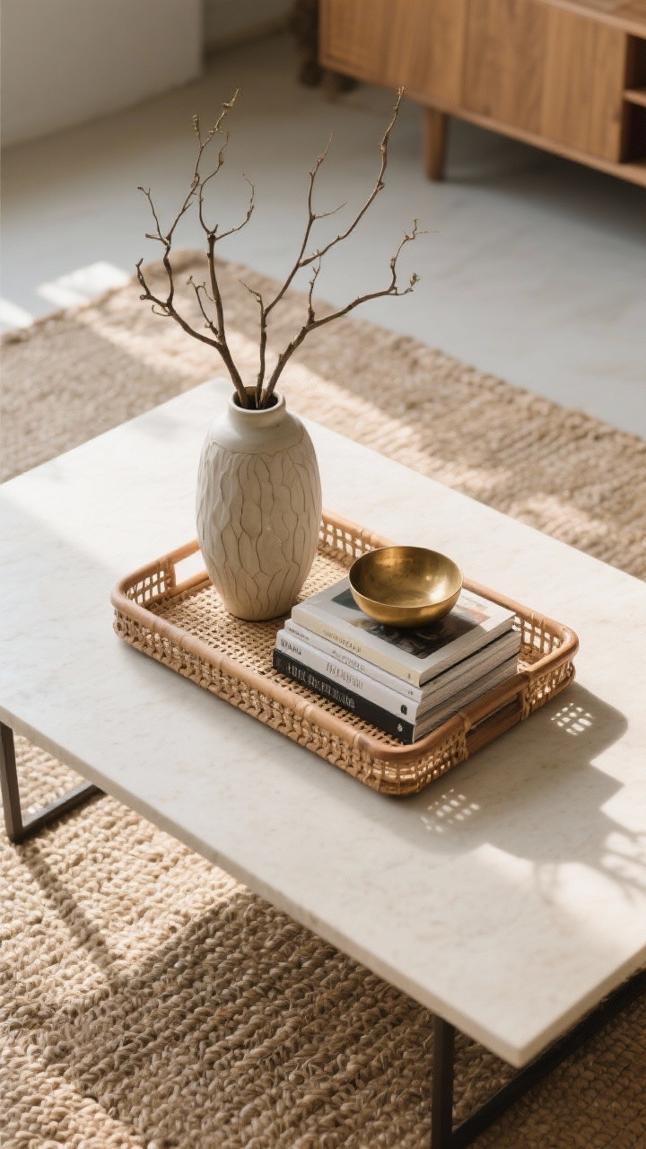 Overhead detail shot of a coffee table vignette: three-item rule with a twist—tall ceramic vase with organic branches, a neat stack of art books with a small brass bowl on top, all corralled on a rattan or wood tray; varied heights, textures, and shapes; about 30% of the surface left empty for negative space; placed on a jute rug; natural daylight, crisp shadows; photorealistic.