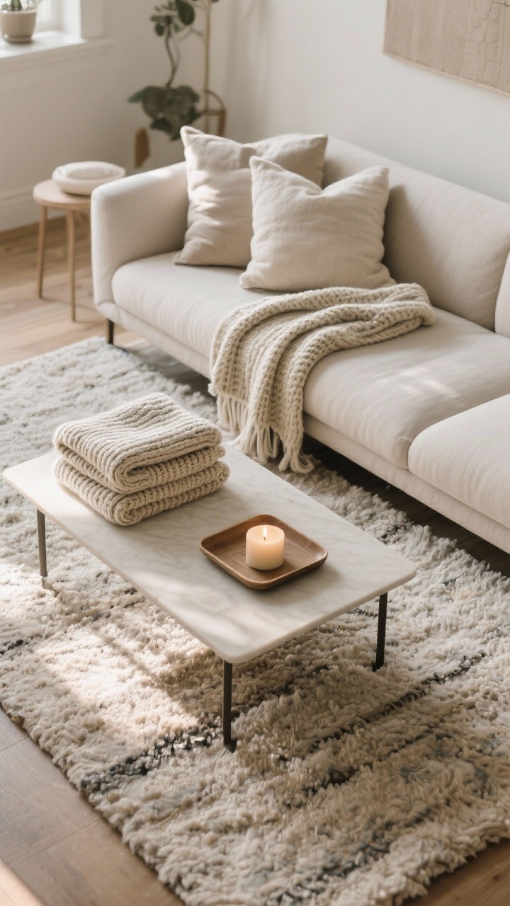 Overhead detail shot of a five-minute reset ritual in the living room: neatly folded knit throws, fluffed pillows aligned on a sofa, an uncluttered coffee table with a single tray, a candle ready to light; composition shows order and calm on a wool rug, soft afternoon light, photorealistic.