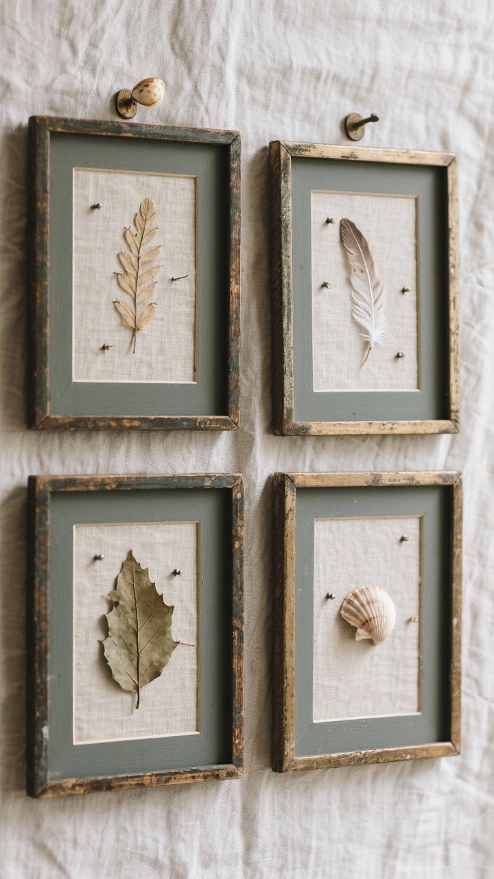 Overhead detail shot of a grid of four chic shadow boxes laid on a linen-covered surface before hanging: deep thrifted frames (two doubled-up for extra depth), each backed with natural linen or painted mat board. Inside are curated natural specimens—pressed leaves, delicate feathers, small shells—mounted with sewing pins and discreet museum putty; a tiny bracket secures a heavier shell. Neutral, museum-like mood with soft daylight, photorealistic.