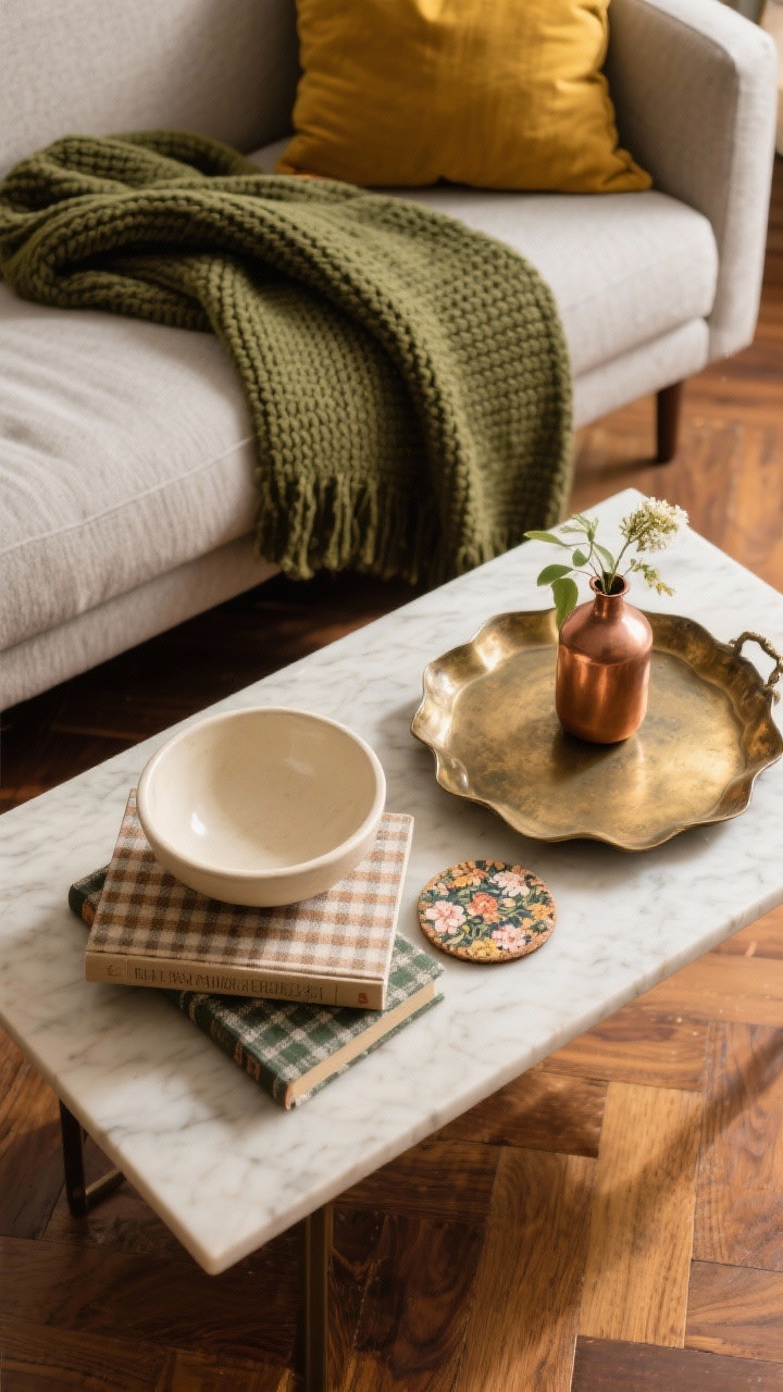 Overhead detail shot of a styled coffee table on a warm walnut floor: olive knit throw spilling from an olive sofa edge into frame, mustard throw pillows partially visible; cream ceramic bowl for brightness, aged brass tray and a small burnished copper bud vase; layered patterns in a subtle plaid book cover and a floral coaster; cozy vintage-meets-modern energy, photorealistic, natural afternoon light