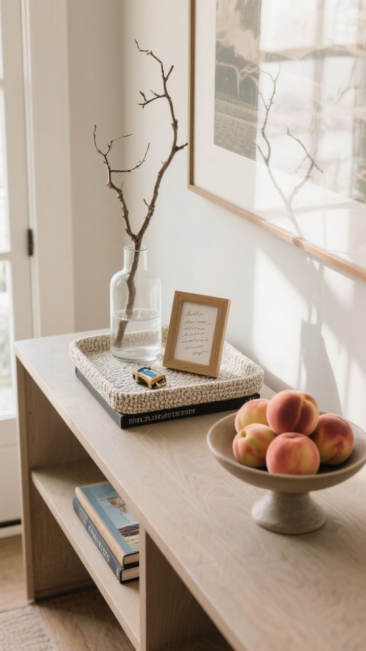 Overhead detail shot of a styled vignette on an entry console: a textured tray grounding the scene with two art books beneath; a slender glass vase with a sculptural branch providing height; a small framed handwritten note and a travel trinket for personal touch; a cluster of peaches in a shallow pedestal bowl as the organic element; neutral wood surface, soft directional window light, photorealistic clarity highlighting object edges and subtle shadows.