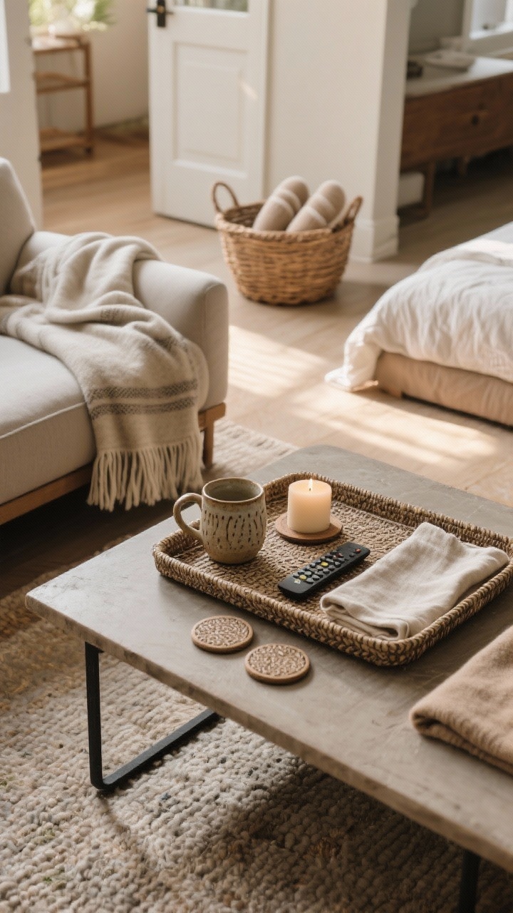Overhead detail shot of daily-use cozy layers on a coffee table and surrounding area: a textured tray corralling a candle, remote, coasters; a folded throw blanket on the sofa edge and another at the foot of a nearby bed visible in frame; a handmade ceramic mug and cloth napkin set for everyday luxury; a basket by the door holding soft slippers; warm morning light enhancing tactile surfaces.