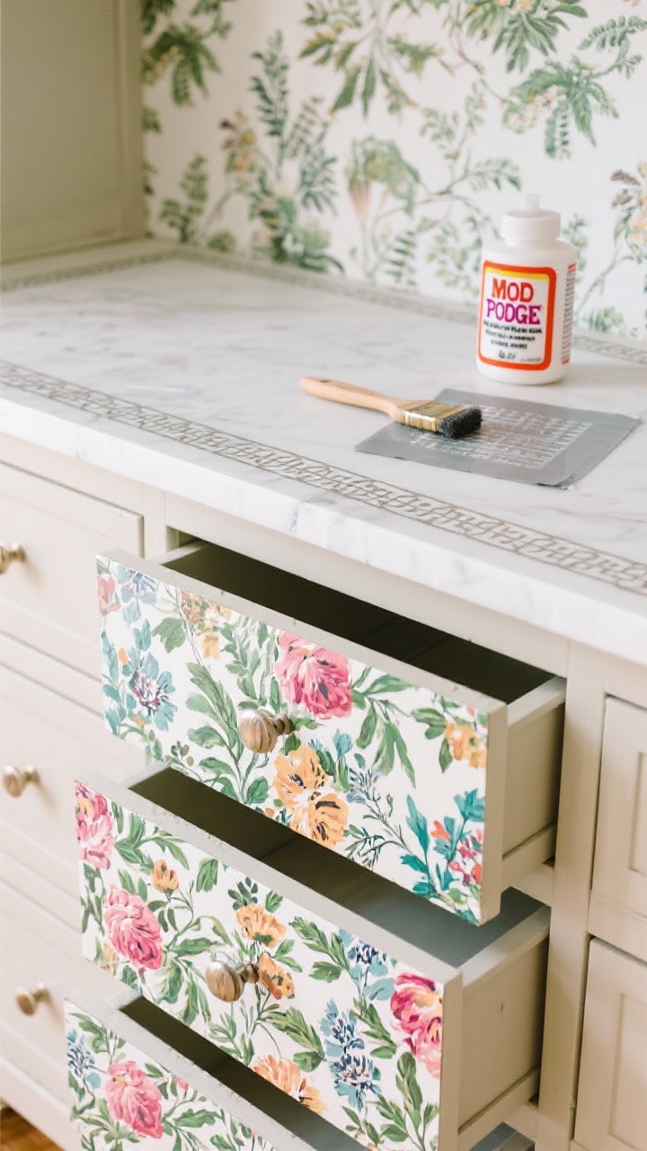 Overhead detail shot of pattern play: decoupaged drawer fronts with bold floral paper sealed in clear poly, a cabinet back panel lined in botanical wallpaper for depth, and a tabletop edge stenciled with a fine geometric border; tools include Mod Podge, a foam brush, and a stencil taped in place; neutral furniture finishes surrounding to let the patterns pop; bright, even lighting to show crisp edges and texture.