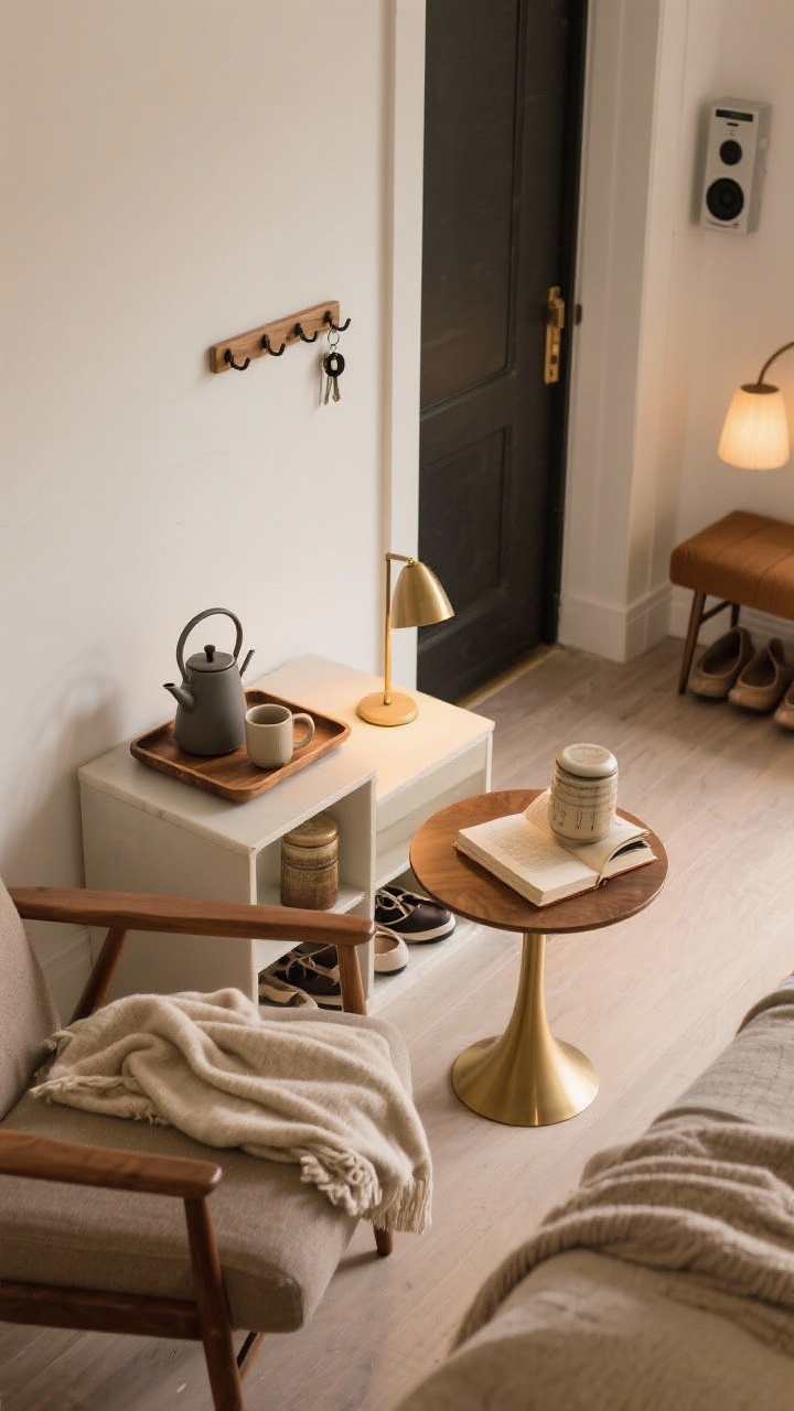 Overhead detail shot: tiny ritual zones arranged on separate surfaces—tea/coffee corner with a matte kettle, favorite mug, and a ceramic canister on a wooden tray; reading nook side table with a soft throw draped over a comfy chair edge and a brass floor lamp base partially visible; entry reset tray with keys, hooks on the wall above, and a small bench for shoes; a compact speaker nearby hinting at a playlist; warm, cozy lighting.