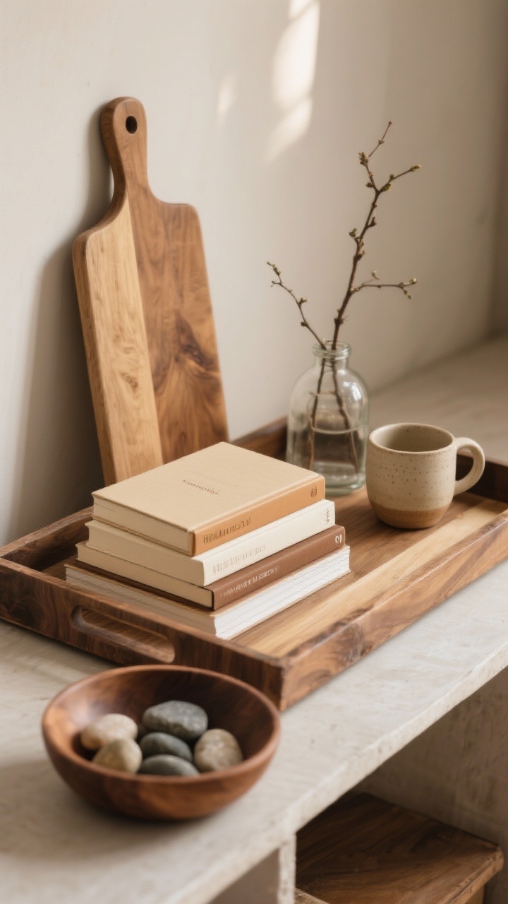 Overhead detail view of a styled vignette on a makeshift tray: a wooden cutting board used as a tray holding a stack of 3 books (spines color-coordinated in cream and camel), a ceramic mug, and a small branch clipping in a clear jar; nearby, a shallow wooden bowl with smooth stones; arrangement follows tall–medium–small triangle; textures: ceramic, wood, paper, and natural elements; warm ambient light, no harsh reflections.
