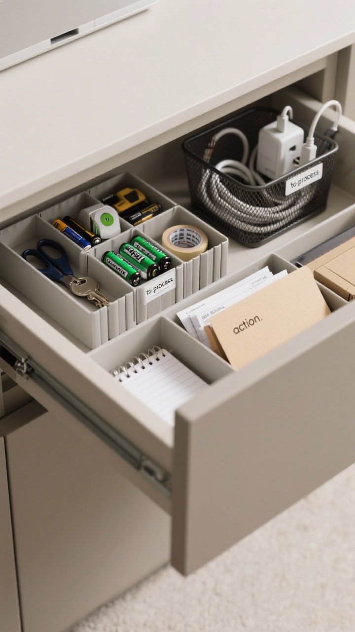 Overhead drawer detail: a utility drawer upgraded with modular dividers—sections for batteries, tape, scissors, extra keys, tiny notepad; labels legible; adjacent charging basket with neatly labeled cords and a couple universal adapters; nearby in-tray with “to process,” an “action” folder for bills, and an archive box; neutral palette with clean lines, photorealistic order.
