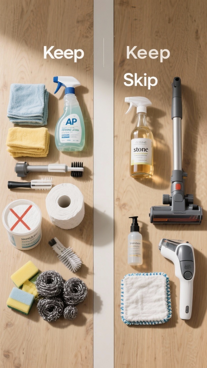 Overhead infographic-style flat lay: two columns on a wood surface—“Keep” items arranged neatly (microfiber cloths, AP cleaner, glass cleaner, disinfectant, stone-safe cleaner, baking soda + oxygen booster, non-scratch scrub + quality brushes, enzyme cleaner, vacuum attachments, steam cleaner) vs. a minimized “Skip” cluster (paper towels, hyper-specific sprays, vinegar bottle with “stone” crossed out, disinfecting wipes tub, magic eraser pile, steel wool, fragrance-only spray, tiny handheld vac, disposable mop pads); soft, even studio lighting.