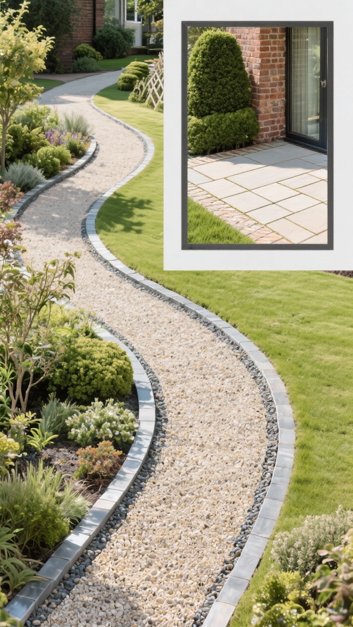 Overhead oblique shot of purposeful pathways with crisp edges: a curved gravel path with steel edging creating modern cottage charm, leading through planting; alternate vignette in frame shows rectangular pavers with lawn joints for a sleek zone; edges are clean and defined; include clipped boxwood near a brick herringbone spur to hint classic structure while keeping one primary path style dominant; bright but soft daylight for clarity.