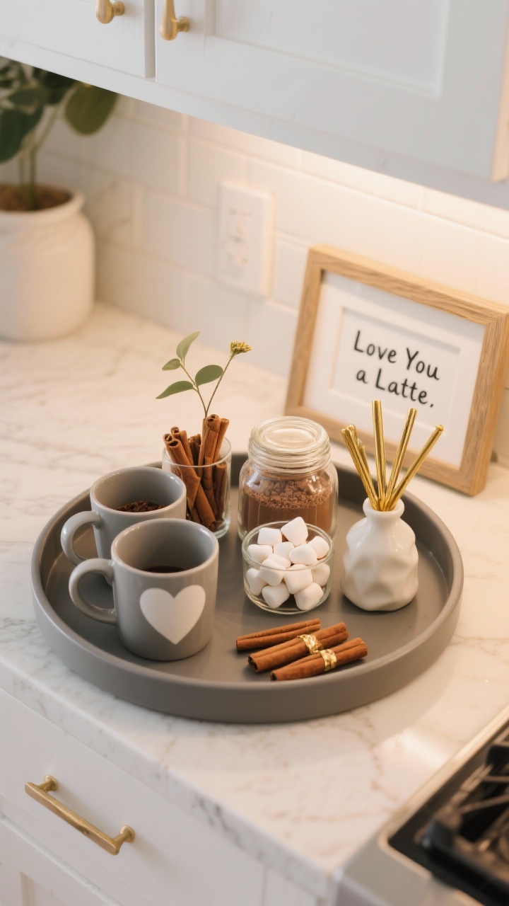 Overhead shot of a styled coffee/cocoa station on a kitchen counter: a round tray corralling matte ceramic mugs plus one heart-print mug, clear jars filled with cocoa mix, cinnamon sticks, marshmallows, and sugar hearts, gold and wooden stirrers, and a mini vase with a single stem; a framed 5x7 print reading “Love You a Latte”; bright but warm kitchen lighting; clean, cozy look; photorealistic.