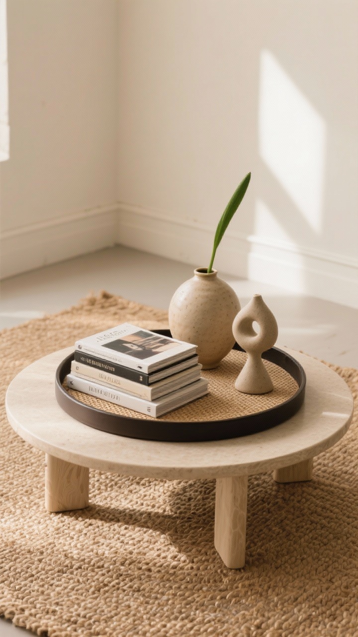 Overhead vignette: A coffee table styled on a jute rug with a round tray grouping—stacked art books at varying heights, a ceramic vase with a single green stem, and a small sculptural object—arranged in an odd-number trio. Balanced negative space around the tray, warm natural light, crisp textures of ceramic, paper, and jute.