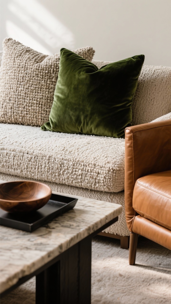 Photorealistic closeup detail of layered textures on a seating arrangement: a nubby bouclé or linen sofa cushion with a rich emerald velvet pillow and a caramel leather accent chair arm peeking into frame; foreground includes a stone or faux-marble coffee table corner with a blackened metal tray and a natural wood bowl; soft side lighting to emphasize weave, sheen, and grain; tight angle focusing on tactile contrast