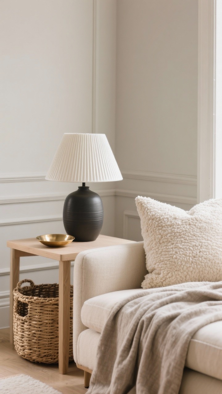 Photorealistic closeup detail of layered textures in a light, warm neutral palette: greige wall with same-color trim, pale taupe linen throw draped over an oat milk beige sofa seat, a bouclé pillow in warm white, ribbed ceramic lamp base in soft black on a light wood side table, a woven basket in natural fibers below; subtle shiny accent in a small brushed brass dish; soft, diffused natural light to keep the scene bright yet cozy