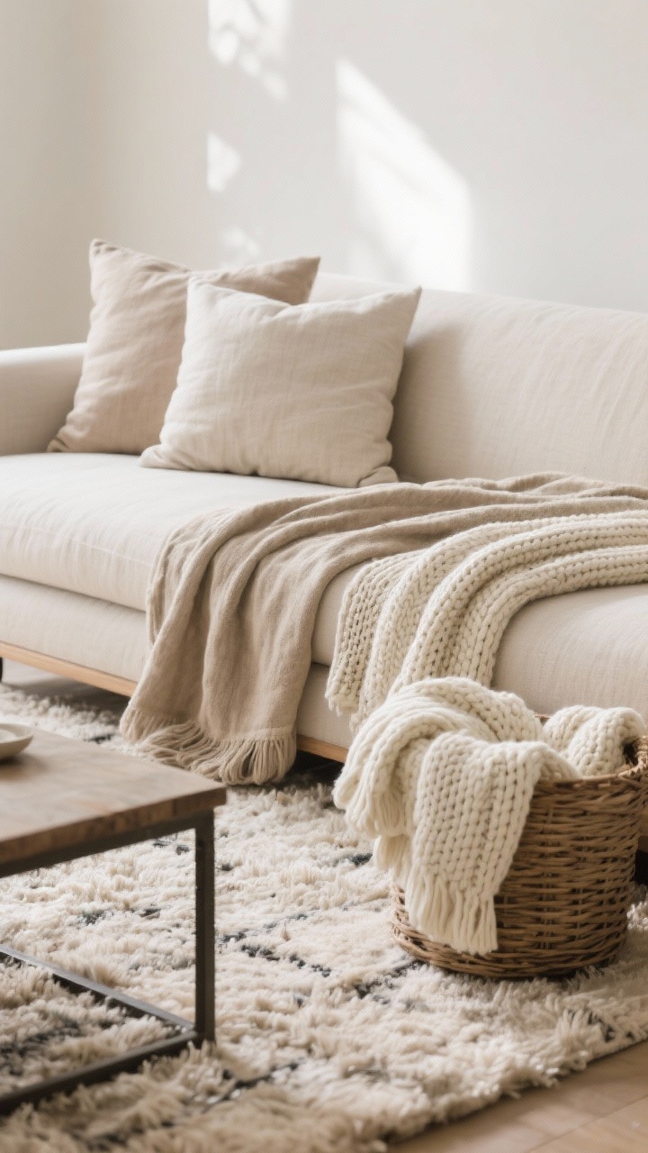 Photorealistic closeup detail of layered textures on a sofa and rug: a breathable linen throw in a muted oat tone paired with a chunky knit throw in cream, one folded neatly in a basket beside the sofa; plush rug fibers visible under a coffee table; pillows freshly fluffed; natural daylight grazing the fabrics to reveal weave and pile; palette of soft neutrals and tactile contrast without excess