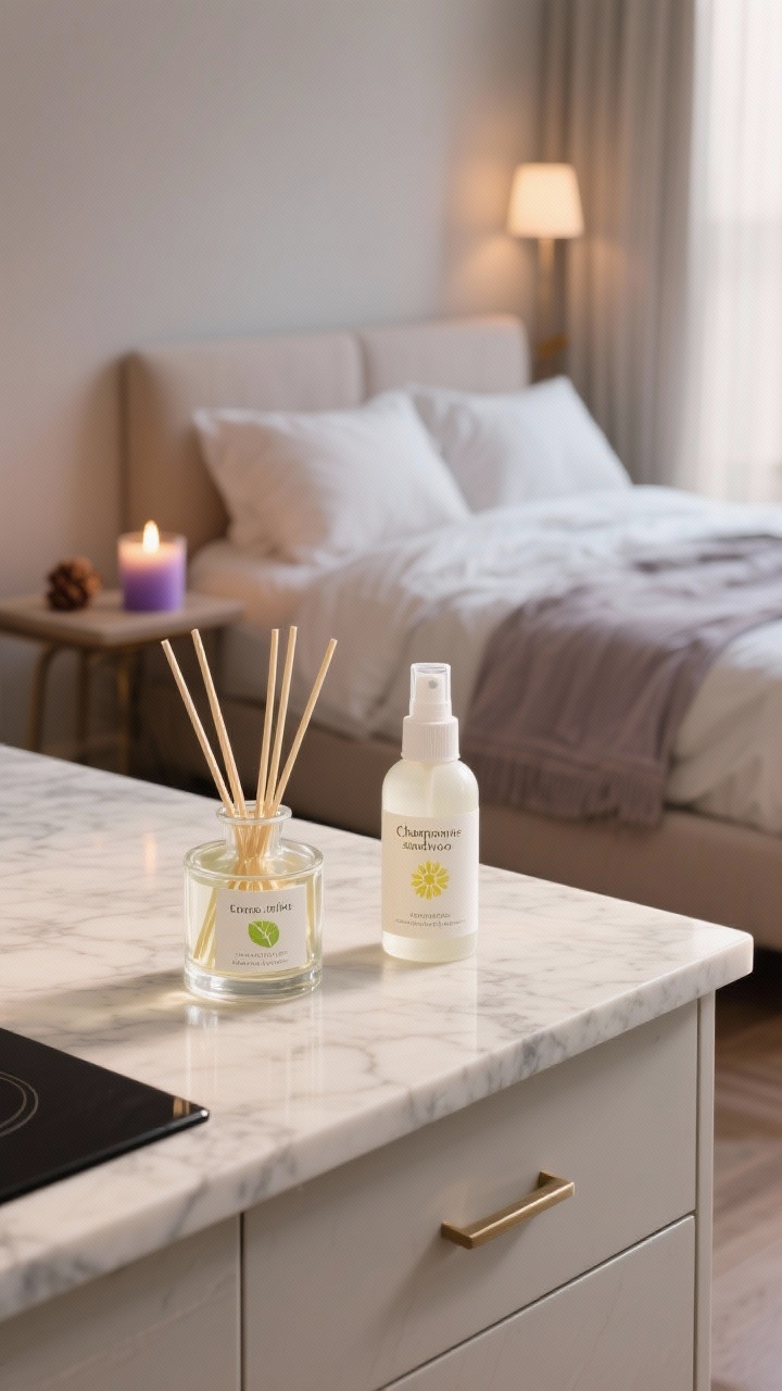 Photorealistic closeup detail of scent rituals on a marble kitchen counter in soft morning light: a glass reed diffuser labeled citrus/mint, subtle vapor; dusk-lit living room vignette behind shows a lit lavender or cedarwood candle on a side table; on a neatly made bed in a serene bedroom, a linen spray bottle labeled chamomile/sandalwood rests on crisp sheets; cohesive scent family per room, warm ambient glow, sophisticated minimal packaging