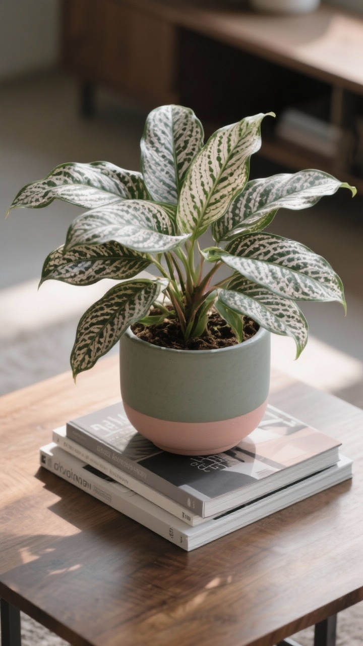 Photorealistic closeup/detail shot of a Chinese evergreen (Aglaonema) styled as a coffee table centerpiece atop a small stack of design books; patterned leaves in soft silvers and greens captured with crisp texture; pot in a color echoing leaf tones—sage, blush, or stone gray—on a natural wood table; low-to-medium indirect light with gentle shadows; overhead perspective for a curated, graphic look.