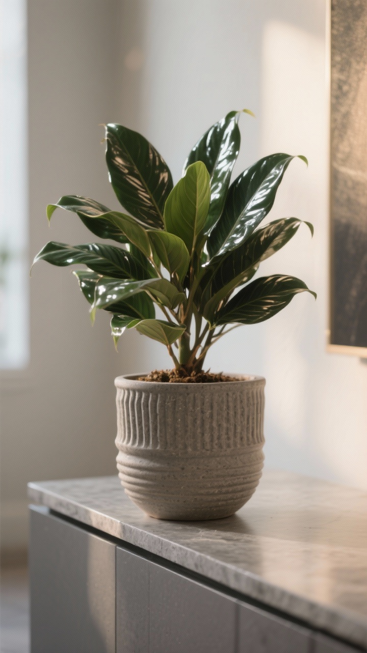 Photorealistic closeup/detail shot of a ZZ plant with glossy, symmetrical leaves catching soft indirect light; planted in a ridged, fluted textured pot in warm stone gray on a modern console; focus on the sheen of the foliage and the pot’s texture reflecting light for an instant luxe feel; shallow depth of field, straight-on view.