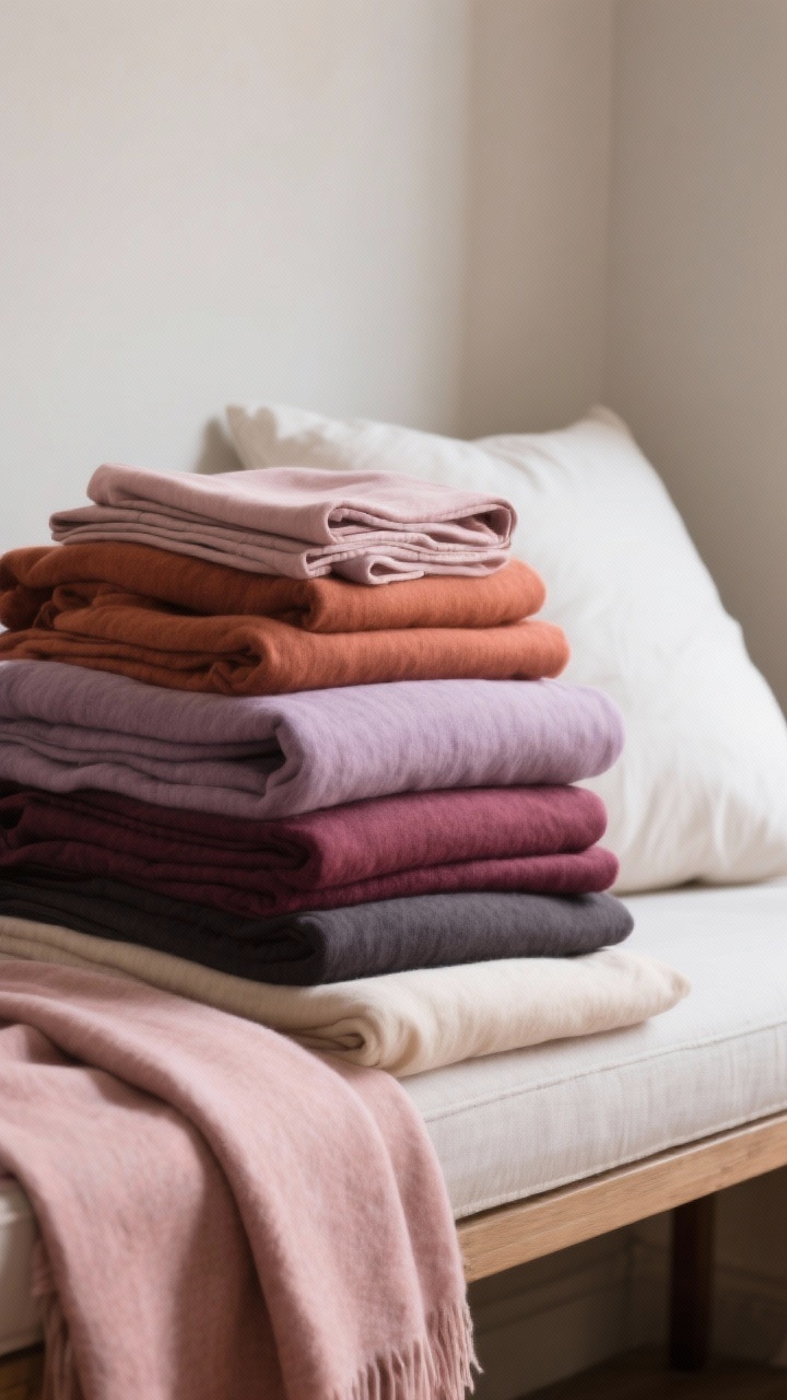Photorealistic closeup detail shot of layered textiles forming a soft, romantic color palette: a stack of folded throws, napkins, scarves, and pillowcases arranged on a bench, showing “Modern” tones of rust, mauve, and charcoal alongside “Classic” blush, berry, and cream, plus a minimal warm white with a hint of dusty rose. Emphasize fabric textures and subtle color gradations, natural soft lighting, neutral backdrop, no people.