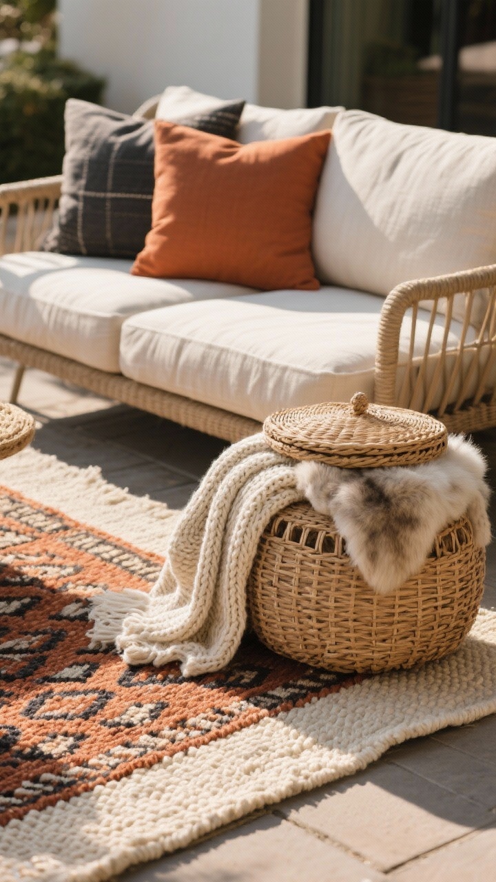 Photorealistic closeup detail shot on a cozy patio vignette: layered textures with a flatweave outdoor base rug in cream topped with a smaller patterned rug in terracotta and charcoal, plush seat cushions in linen and canvas, chunky knit throw draped over a woven jute pouf, faux fur throw folded in a lidded wicker basket nearby; tight color palette of terracotta, cream, and charcoal; soft late-afternoon natural light grazing the fibers to highlight texture; no people, shallow depth of field focusing on the fabric weave and jute