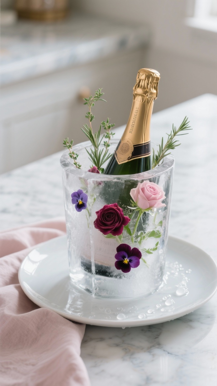 Photorealistic closeup detail shot, three-quarter angle, of a DIY floral ice bucket made from clear ice: a champagne bottle nested in a crystal-clear ice cylinder with edible flowers (rosebuds, pansies) and sprigs of rosemary and thyme suspended in the ice. The ice bucket sits on a white plate to catch drips, faint meltwater beading for drama. Background softly blurred: a marble countertop and muted blush linen napkin. Cool, clean lighting with slight daylight highlights for clarity; distilled-water clarity emphasized. Color accents: deep berry, blush, soft green herbs, champagne foil in soft gold.