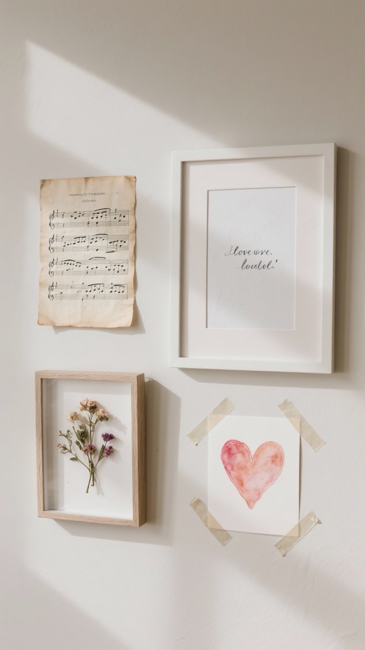 Photorealistic closeup gallery wall vignette featuring simple DIY art: framed sheet music (slightly aged paper), a minimalist typography print of a short love quote in a chic font, a small frame of pressed flowers, and a watercolor hearts piece on cardstock. Pieces are arranged with painter’s tape for a temporary, hole-free layout on a neutral wall. Soft daylight, subtle shadows, no people; focus on paper textures, frames, and tape details.