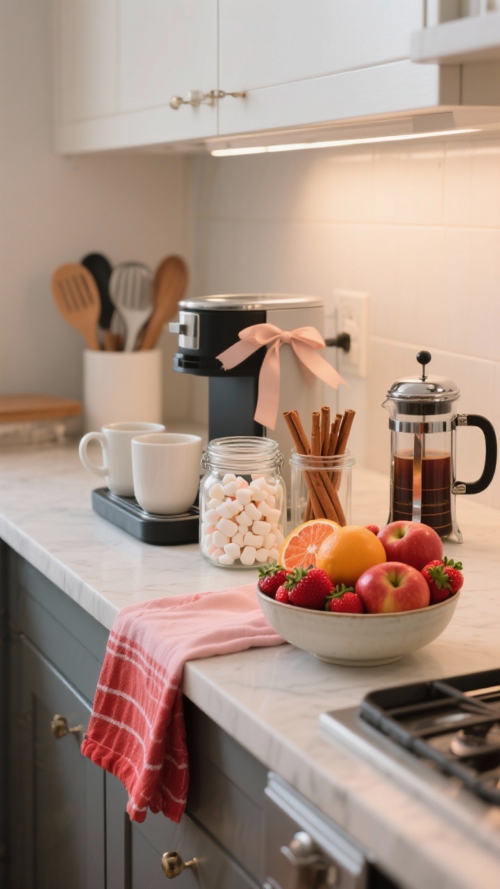 Photorealistic closeup of a kitchen counter styled with subtle romance: a mini hot drink station with mugs, a jar of mini marshmallows, and cinnamon sticks in clear jars; a bowl piled with strawberries, apples, and blood oranges as decor; a blush or red tea towel draped neatly; a jar of utensils or French press handle tied with a ribbon. Clean, functional arrangement; bright but warm task lighting; focus on color pops and practicality.