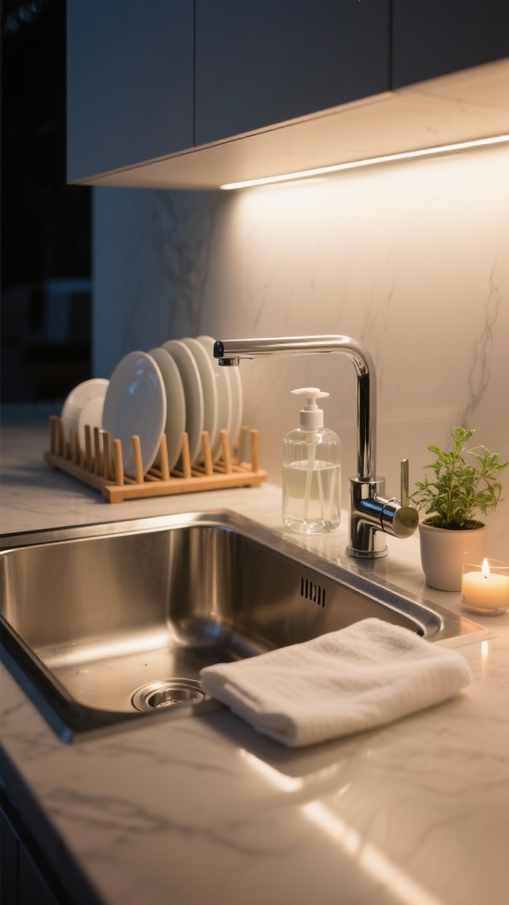 Photorealistic closeup of a kitchen sink reset at night: stainless-steel basin wiped dry with a subtle sheen, a fresh white dish towel neatly laid out, a simple clear glass soap bottle, and a tiny potted herb or tea-light candle beside the faucet. A few recently washed dishes air-drying on a wooden rack. Soft, warm under-cabinet lighting creates a gentle glow and reflections on the clean sink surface. Angle: 45-degree close perspective focusing on texture and shine.