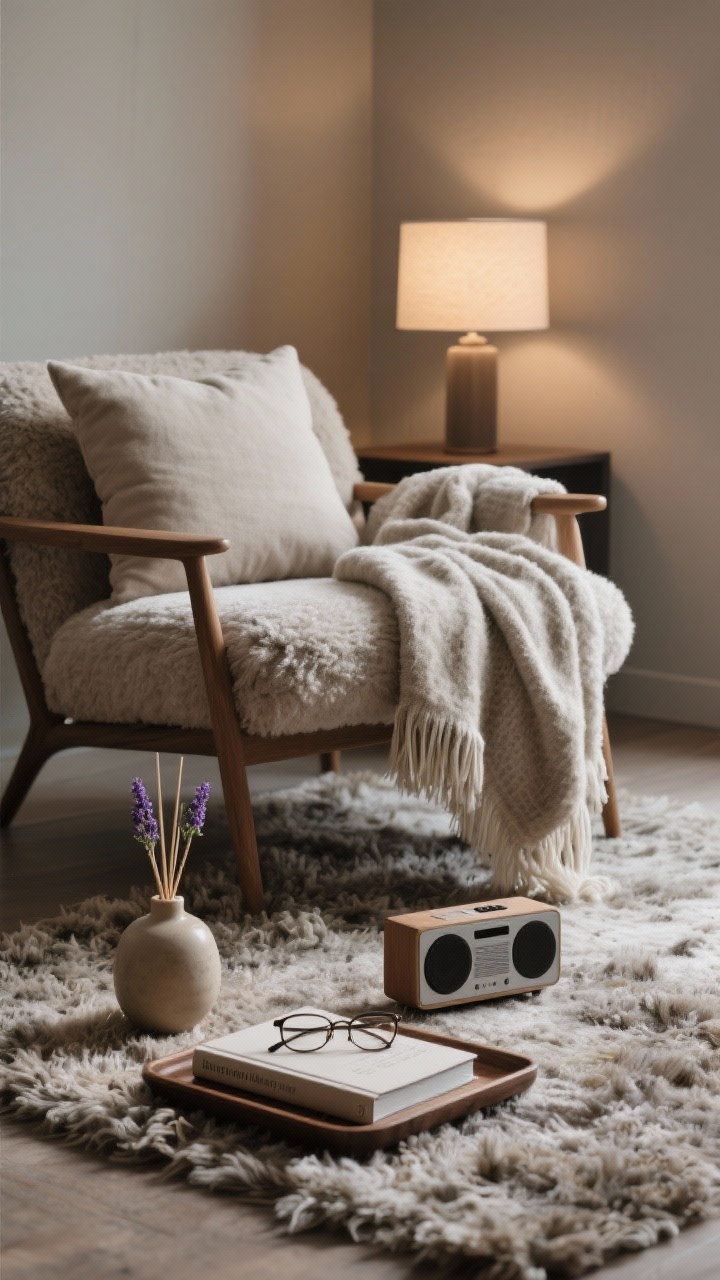 Photorealistic closeup of a sensory wind-down corner: plush cushion and thick throw blanket draped over a chair, a shaggy rug underfoot, a ceramic diffuser emitting a soft wisp with lavender or cedar, and a low-volume speaker or small radio on a tray alongside a hardcover book, reading glasses, and a tiny bud vase. Dimmed lamp light, serene and tactile textures emphasized. Angle: intimate side angle focusing on textures and scent visual.