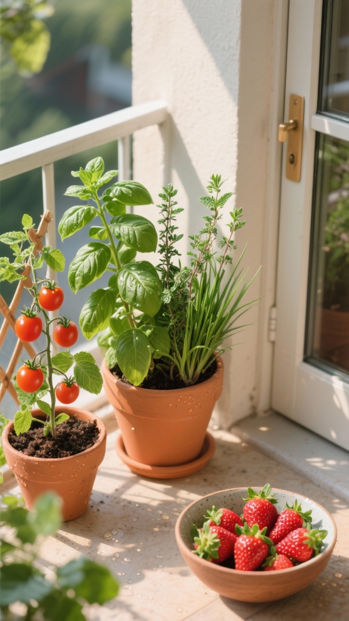 Photorealistic closeup of edible balcony moments: a clustered herb trio—basil, thyme, and chives—near the door in terracotta, mint isolated in its own pot, a compact cherry tomato plant on a small trellis catching sun, and a shallow bowl of strawberries with glossy leaves. Focus on fresh textures, dewdrops, and ripe color; warm morning sunlight skimming leaves; shallow depth of field; overhead detail shot.
