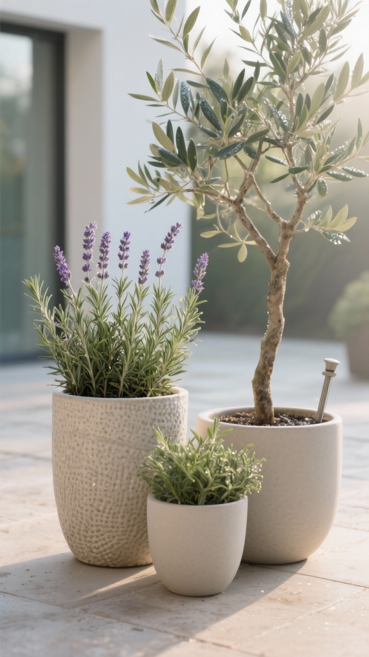 Photorealistic closeup of planter clusters for easy-care greenery: three planters grouped (tall, medium, small) with full-sun picks like lavender and rosemary, plus a structural olive tree for height; textured ceramic and matte fiberglass planters in neutral tones; a discreet watering spike visible in one pot; early-morning soft light with slight dew on leaves; background softly blurred patio surface; no people