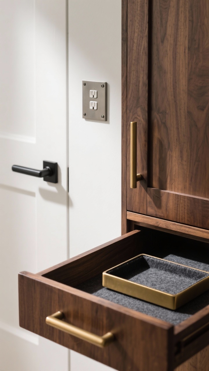 Photorealistic closeup of upgraded hardware and details: a walnut cabinet door with solid brass bar pull, adjacent matte black lever door handle on a white door, and a nearby screwless metal switch plate; drawer interior lined with charcoal felt and organized with a brass-edged tray; soft raking light highlighting metal finishes and tactile quality