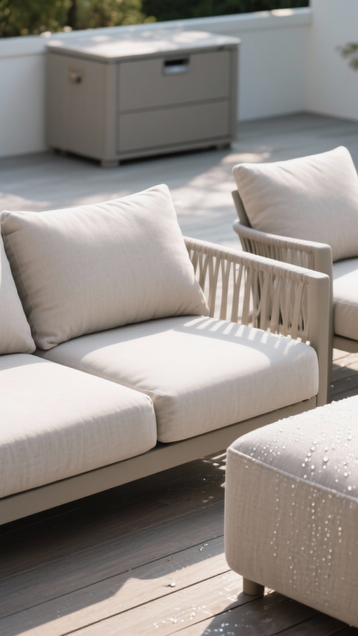 Photorealistic closeup of upgraded outdoor seating cushions: thick, supportive UV-resistant, quick-dry foam cushions upholstered in solution-dyed acrylic (Sunbrella-like) in a calm neutral palette; mix of forms shown—an armless lounger edge, a chair with arms, and a moveable ottoman pulled close; water-beading detail on fabric to suggest weather resistance; soft natural daylight; deck box in soft focus background hinting at storage; no people