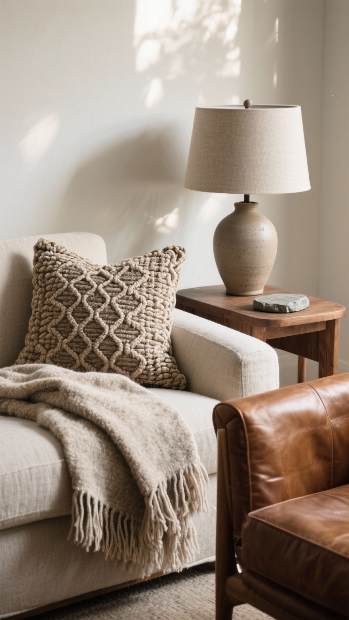 Photorealistic closeup texture study on a sofa and side table: one patterned pillow, one solid pillow with a chunky weave, and a throw with fringe layered together. Beside them, a ceramic lamp with a matte finish sits next to a warm leather chair arm, with a wood side table and a stone coaster visible. Focus on nubby linen, wool, leather grain, and ceramic glaze; minimal pattern, texture-forward, cozy, diffused afternoon light.