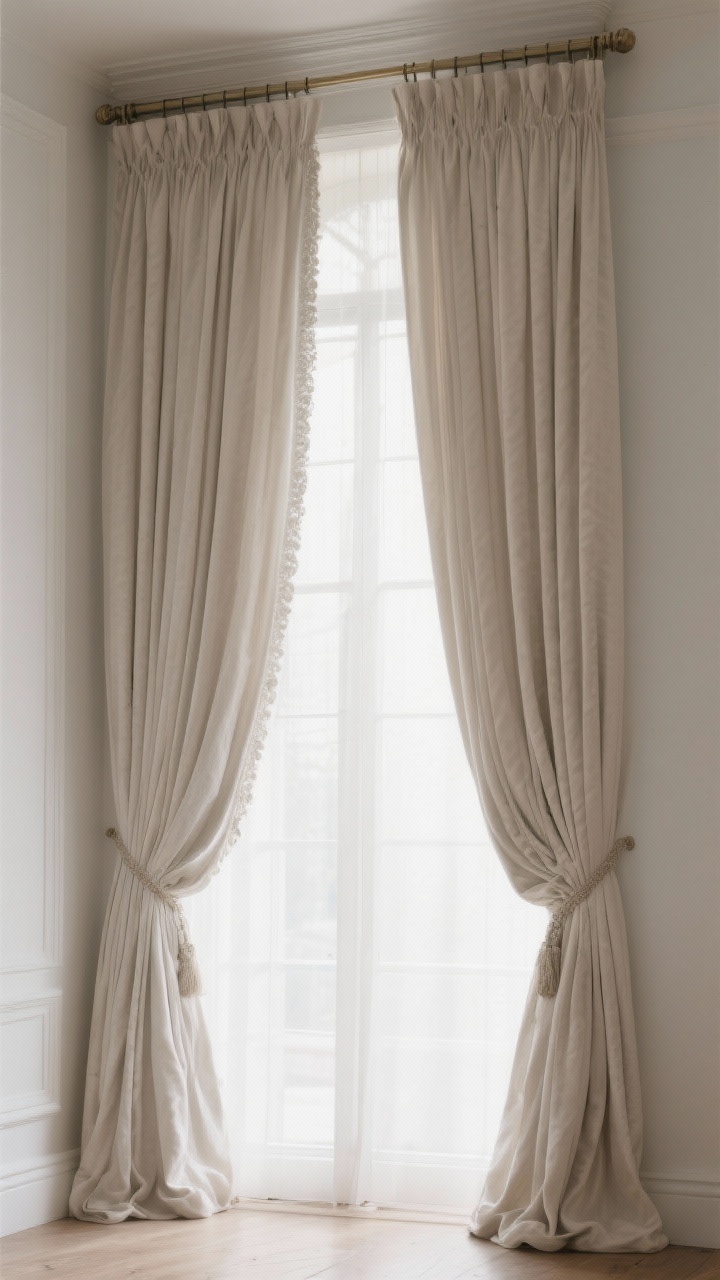 Photorealistic closeup vertical shot of couture-style window treatments: floor-to-ceiling linen drapes mounted high and wide (rod 8–10 inches above the frame and extended beyond each side), panels full and pleated at