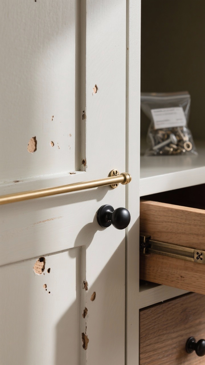 Photorealistic detail closeup of a drawer front being upgraded with new hardware: brushed brass bar pull installed over filled-and-painted former screw holes, contrasted with a matte black knob on an adjacent smaller drawer. Include matching matte black hinge on the cabinet door edge in frame. Natural daylight from the side, showing wood filler spots seamlessly blended, clean center-to-center alignment, and a small labeled bag with the original hardware in the background blurred. Emphasize metal finishes and crisp reflections.