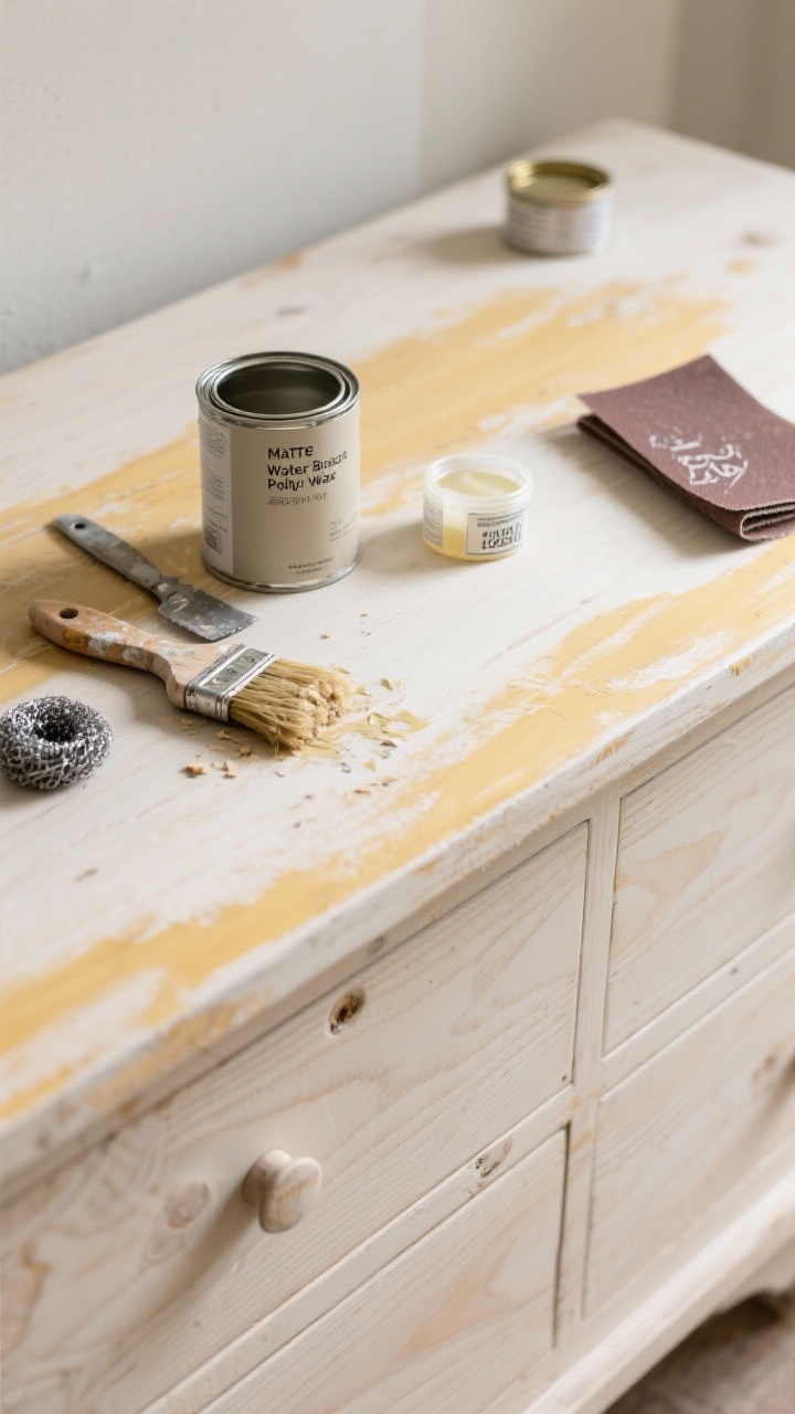 Photorealistic detail closeup of an oak dresser top mid-process after stain stripping, revealing pale, raw wood grain with an airy Scandinavian feel. Include a chip brush with gel stripper residue on a scraper nearby, steel wool and a small container of mineral spirits, and a folded sheet of 180–220 grit sandpaper. Matte, natural finish with a lightly limed/whitewashed tone that cools yellow hues. Overhead shot with soft, diffuse lighting to emphasize the even tone and dry, velvety surface; a can of matte water-based poly and wax tin slightly out of focus.