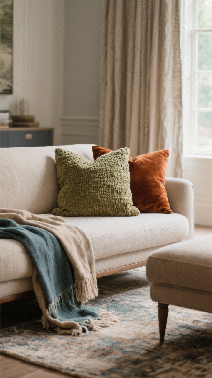 Photorealistic detail closeup of layered textiles on a sofa and ottoman: casually draped throw, mixed pillows in linen, boucle, and velvet (2–3 textures), in warm neutrals, earthy greens, rusts, and muted blues. In the background, glimpse of floor-to-ceiling curtains hung high and wide softening the window, and the edge of a large area rug anchoring furniture front legs. Soft, diffused natural light accentuates fabric weave and plushness; no people.