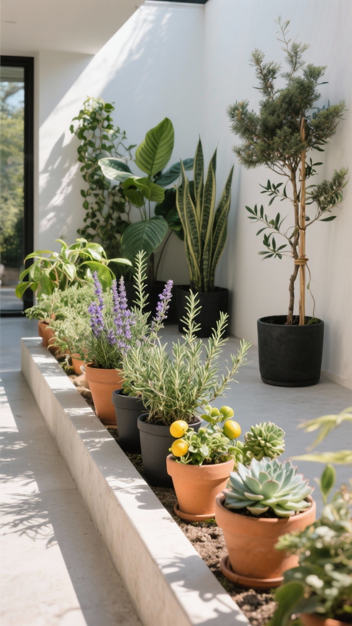 Photorealistic detail closeup of microclimate-appropriate plants grouped by sun: a sunny rail edge with rosemary, thyme, lavender, dwarf citrus, and succulents glowing in strong light; a shaded nook behind with snake plant, ZZ plant, pothos, and ivy in softer light; a breezier side shows tough juniper and olive supported with subtle plant ties. Emphasize texture of leaves and wind-tousled stems, mixed terracotta and black planters, midday light with gentle shadows, overhead three-quarter angle.