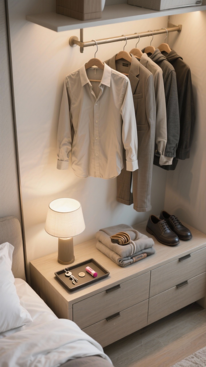Photorealistic detail shot of a bedroom 5-item wardrobe reset: a valet hook with tomorrow’s outfit laid out (neutral-toned shirt and tailored trousers), a small tray on the dresser catching keys, lip balm, and a coin, and five recently put-away items (folded hoodie, shoes aligned, belt coiled). Soft bedside lamp glow, crisp cotton bedding visible at frame edge. Angle: overhead three-quarter view highlighting the tray and neatly arranged garments.