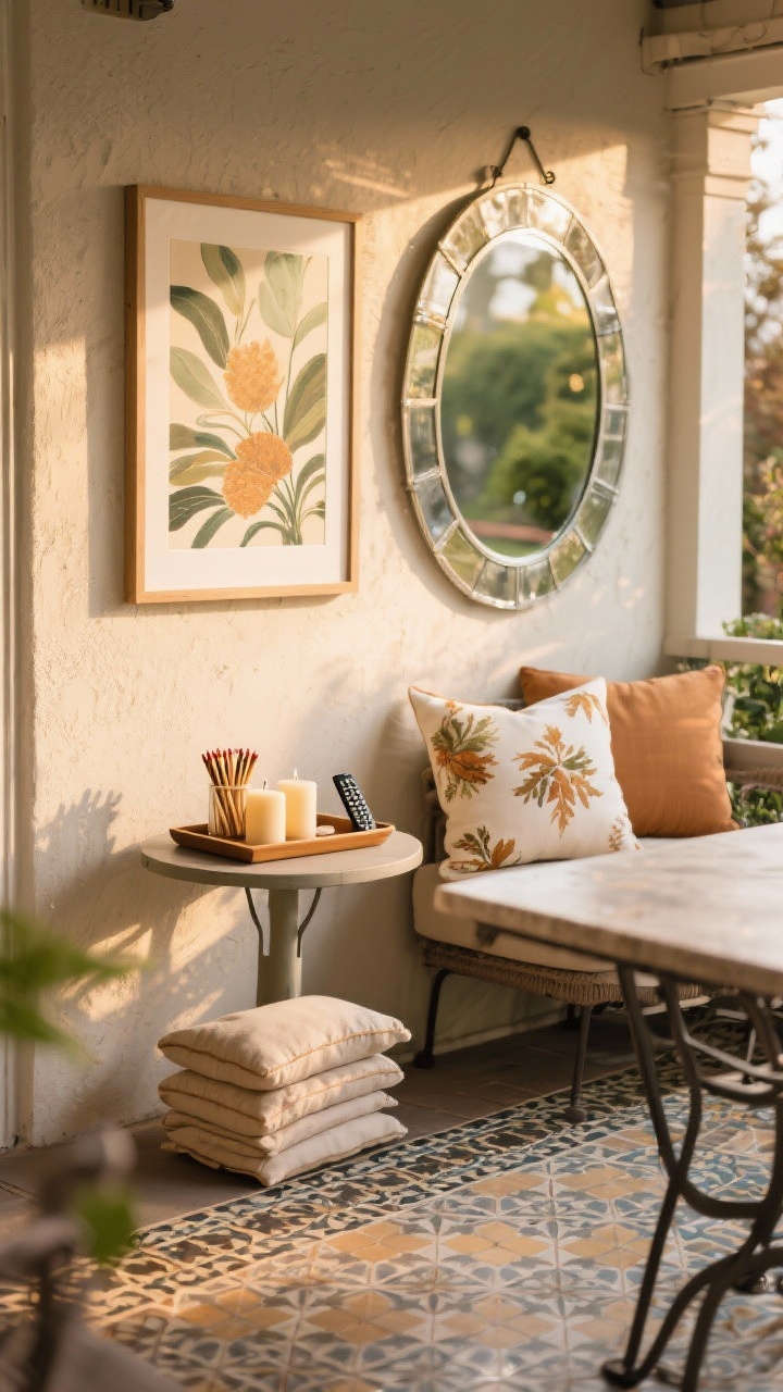 Photorealistic detail shot of personalized patio accessories: outdoor-rated art print and a weather-safe mirror reflecting light on a wall, a small side table with a tray corralling candles, matches, and a remote, seasonal pillow covers stacked nearby, and a peek of patterned tiles under a bistro table; warm, late-afternoon natural light enhancing colors; tight composition focusing on personality and styling; no people