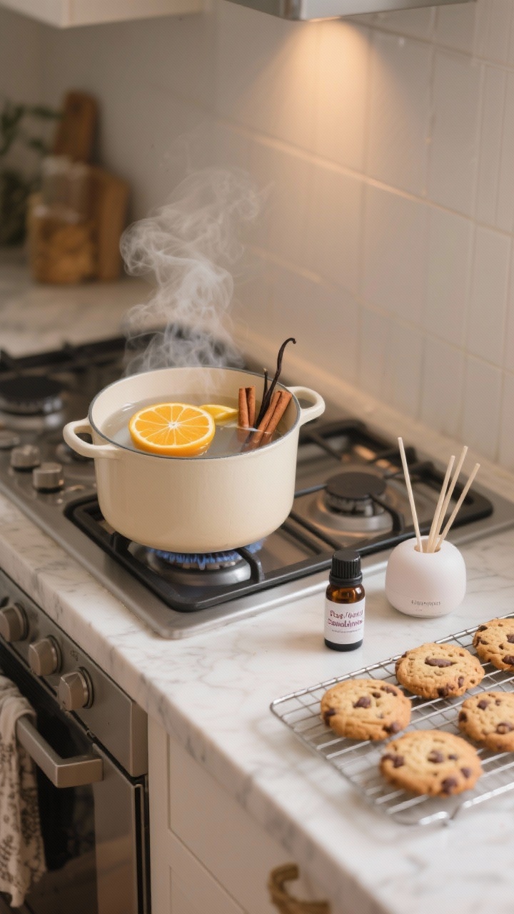 Photorealistic detail shot of scent elements on a stovetop and counter: a simmer pot with water, sliced oranges, cinnamon sticks, and a splash of vanilla gently steaming in a simple pot; nearby a small essential oil diffuser labeled rose/vanilla/sandalwood/lavender; a cooling rack with freshly baked cookies (store-bought dough look) implying subtle bakery aroma. Soft, cozy kitchen lighting; steam visible; no people; restrained, calm mood.