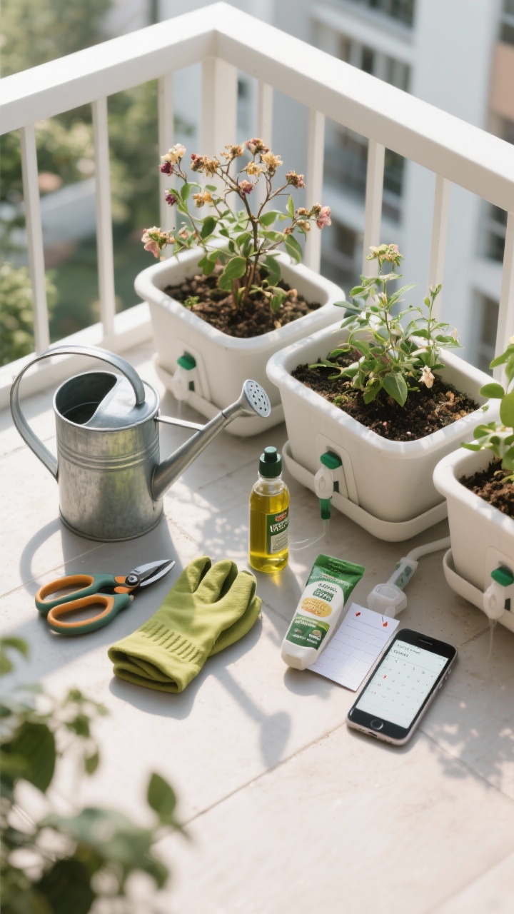 Photorealistic detail shot of simple care habits: a small balcony toolkit neatly arranged—watering can, pruning snips, gloves, plant food, and a moisture meter—beside self-watering planters with visible reservoirs. Include a plant mid-prune with spent blooms removed, a small bottle of neem oil spritz nearby, and a note card schedule or phone with reminder screen visible. Natural daylight, clean composition, top-down overhead view highlighting practical routine.