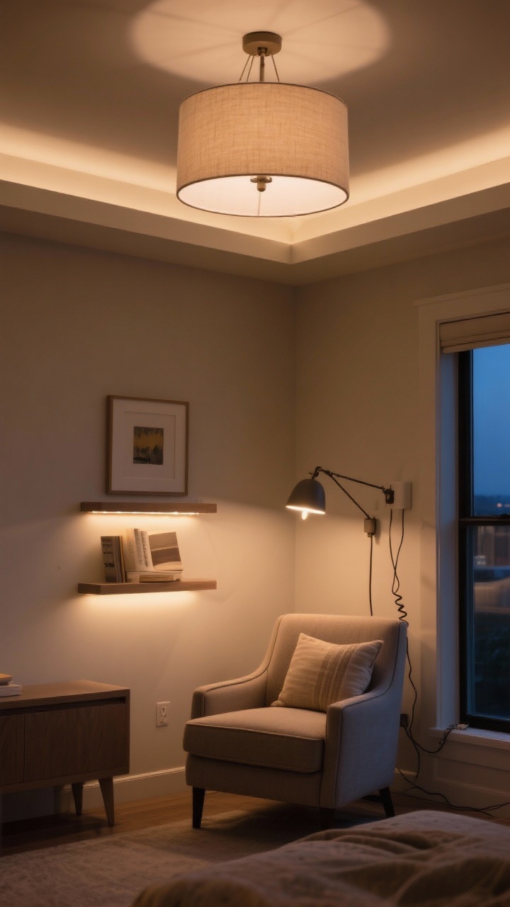 Photorealistic evening interior, medium-wide view demonstrating layered lighting at three levels: ambient ceiling fixture with a soft drum shade, a swing-arm plug-in sconce beside a reading chair, and LED strip lighting softly illuminating a wall shelf; optional picture light over small artwork; all bulbs at warm 2700–3000K for a cozy glow; cord cover painted to match the wall; balanced, glare-free illumination with gentle shadows for depth